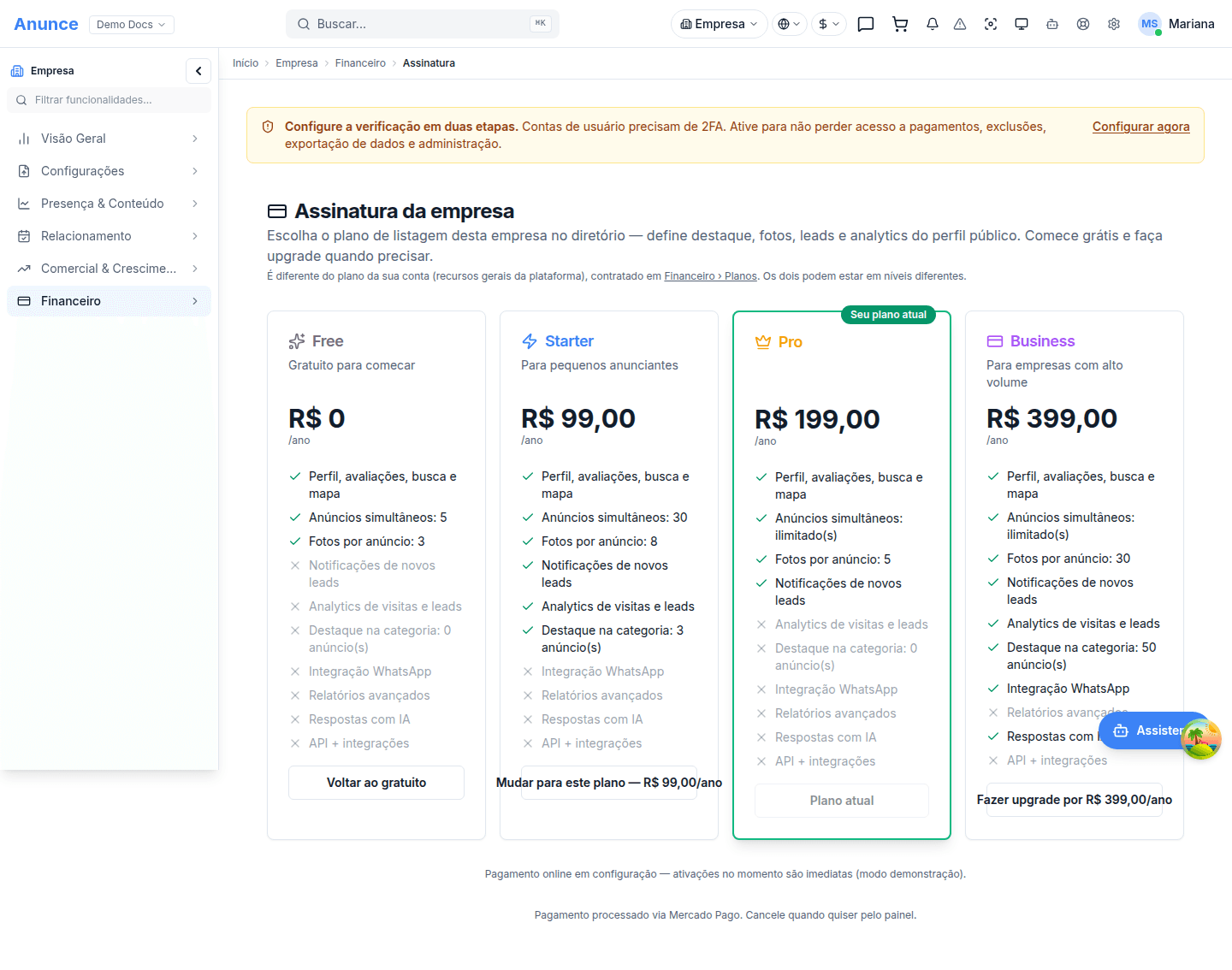 Tela de Assinatura da Empresa com os 4 cartões de plano