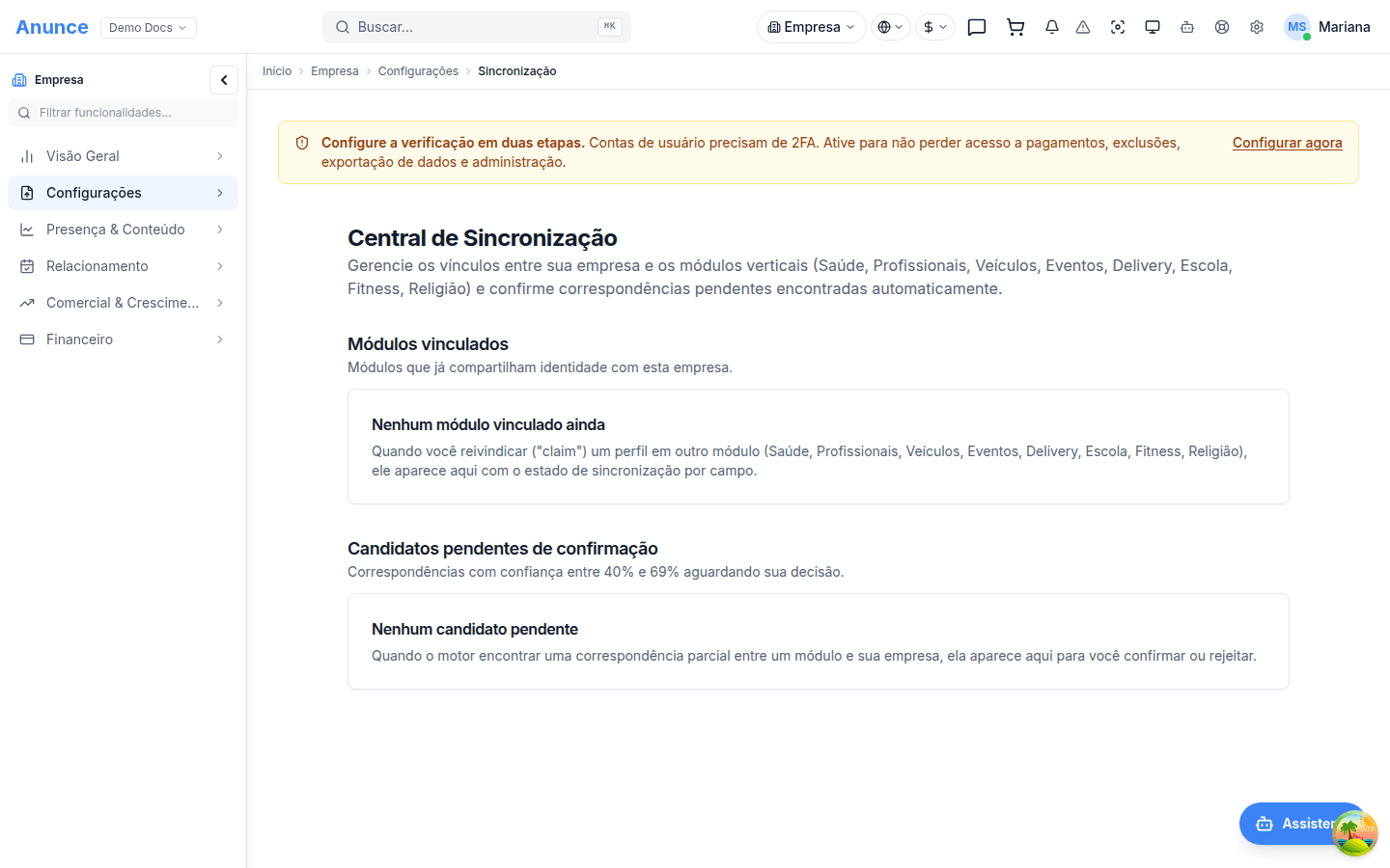 Módulos vinculados com interruptores de campo e candidatos pendentes