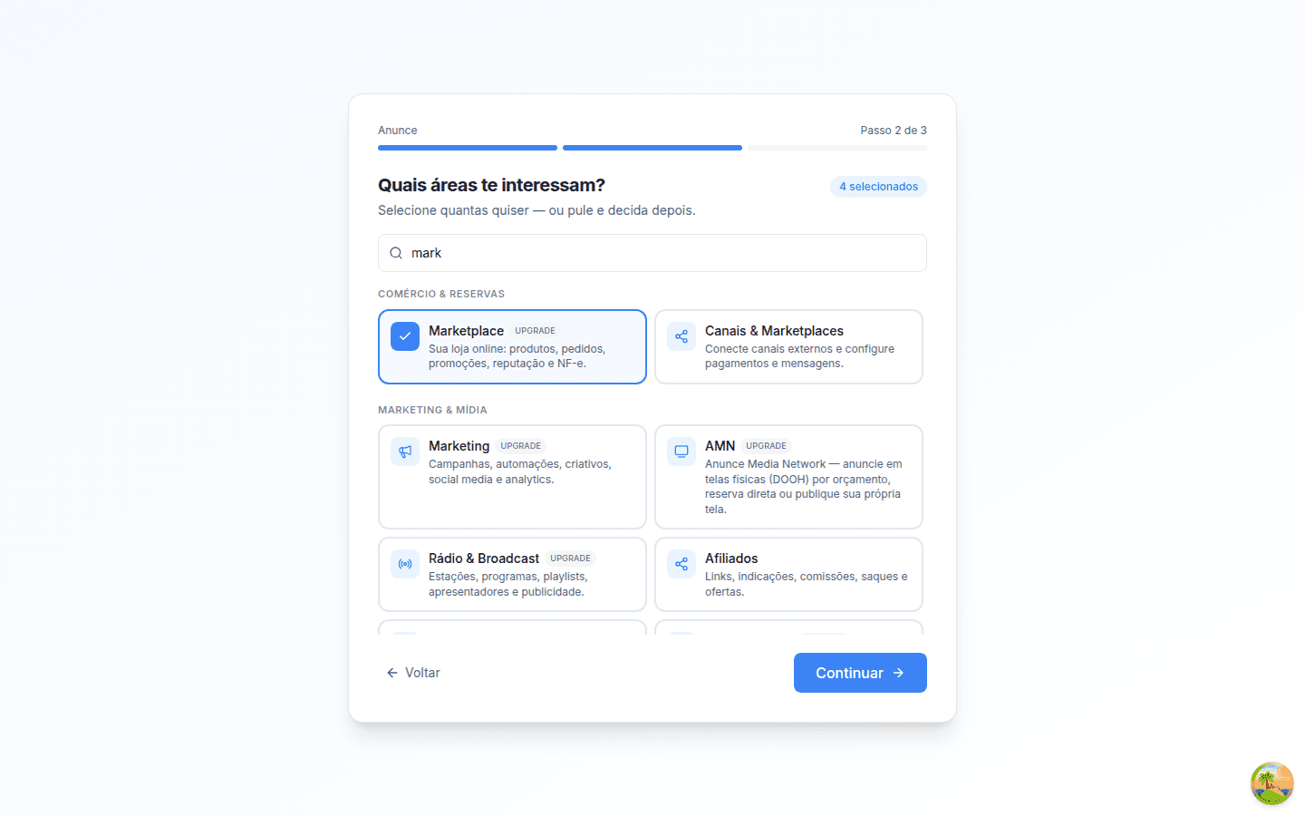 Passo 2 do onboarding com busca preenchida e um módulo selecionado