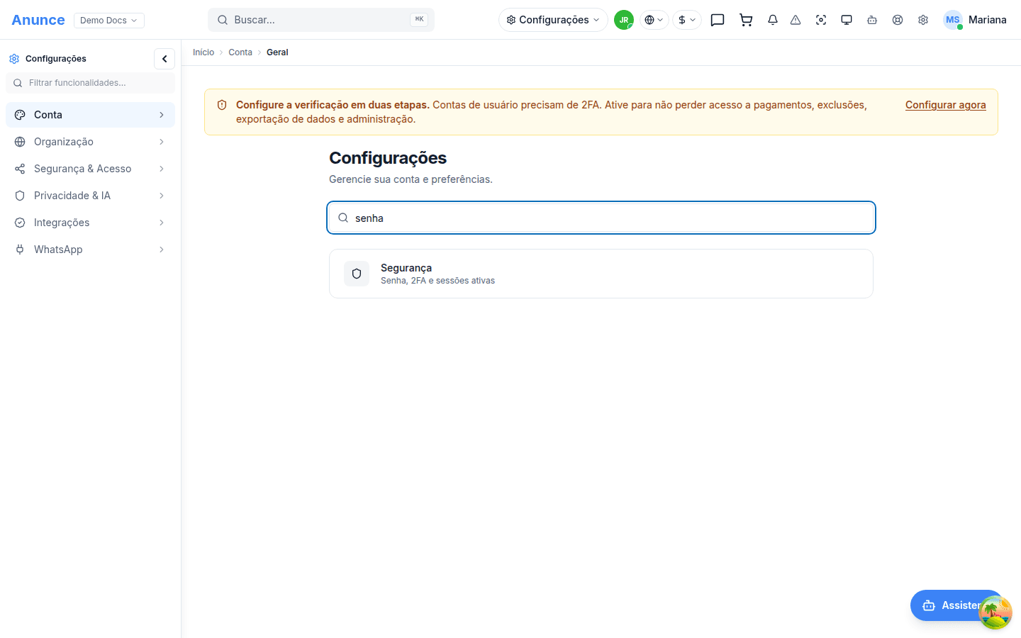 Busca de configurações com o termo "senha" digitado, retornando o item Segurança