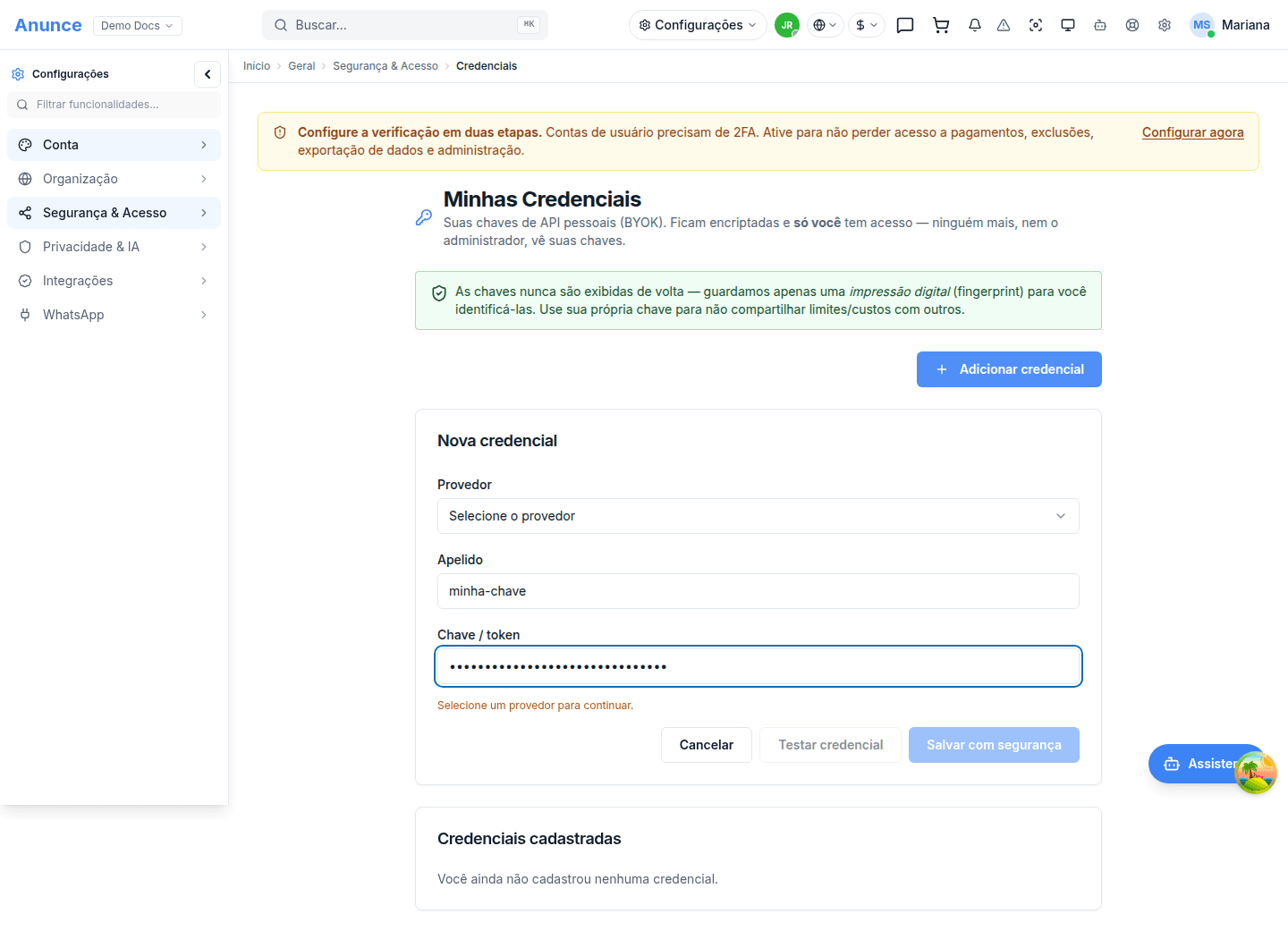Tela de Credenciais com o formulário de nova credencial preenchido