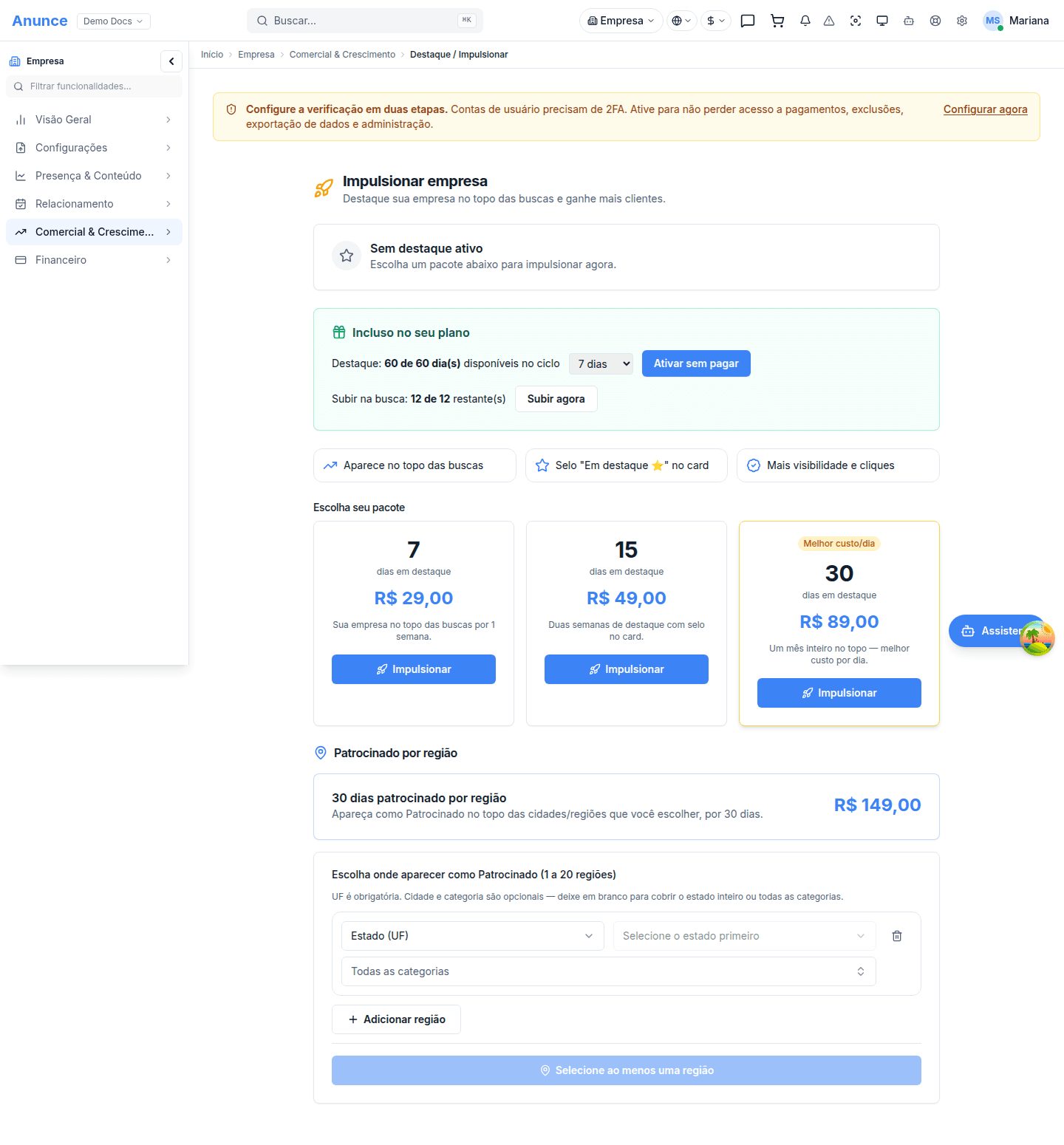 Tela de Destaque com o status atual e os pacotes disponíveis