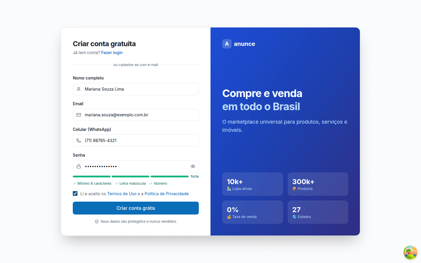 Formulário de cadastro preenchido, pronto para envio