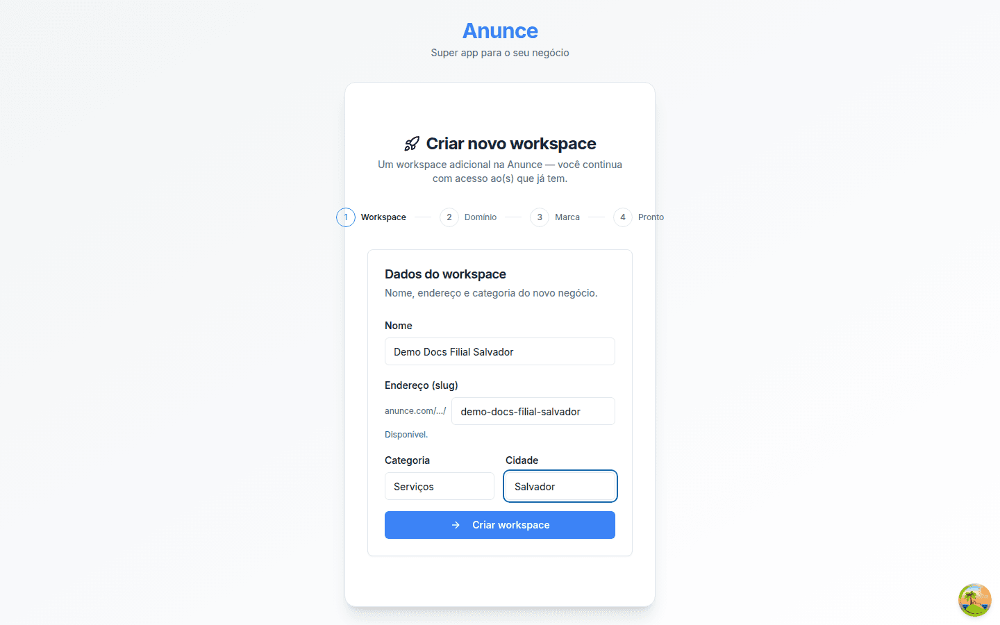Etapa 1 do assistente, com os campos preenchidos e o endereço disponível