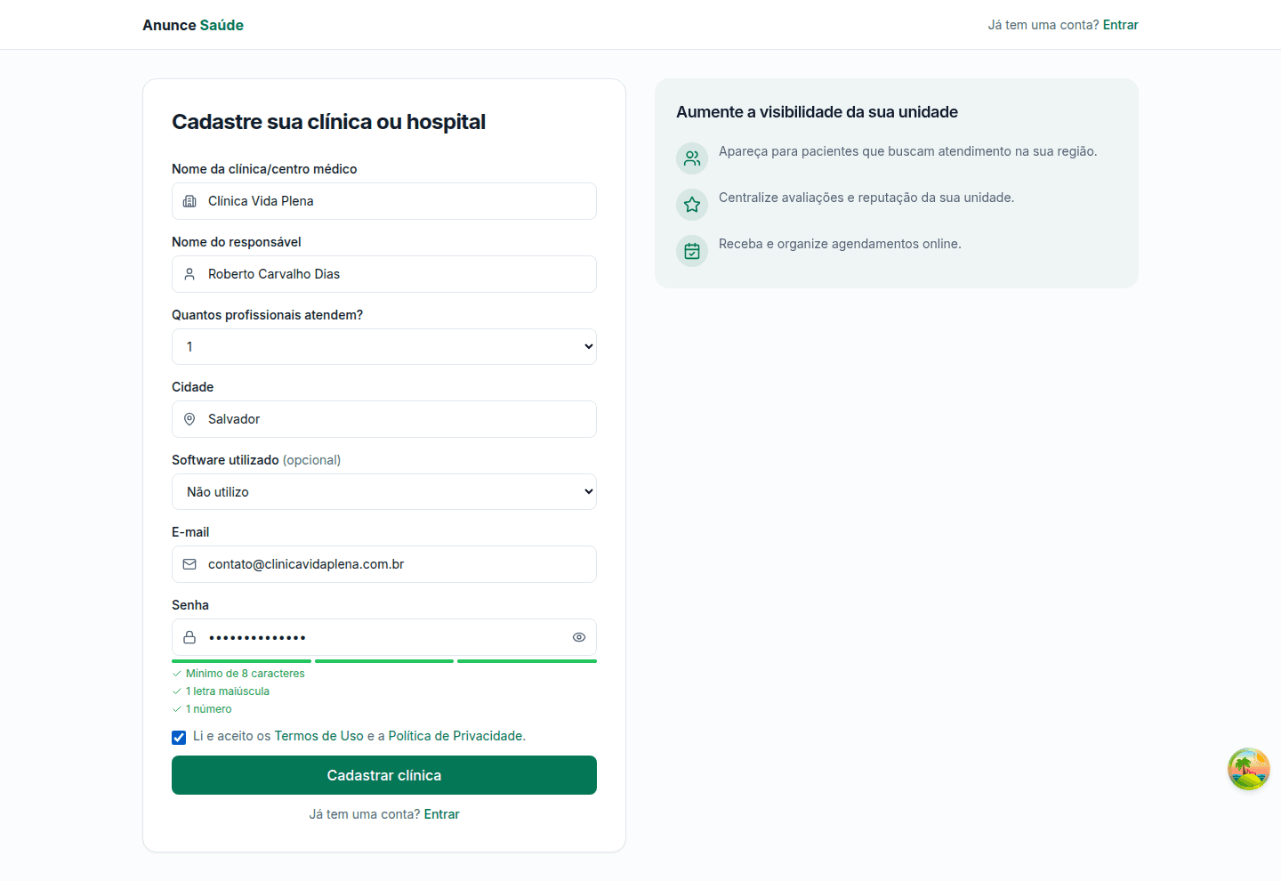 Formulário de cadastro de clínica preenchido