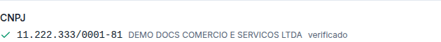 Bloco de CNPJ verificado, com a razão social ao lado