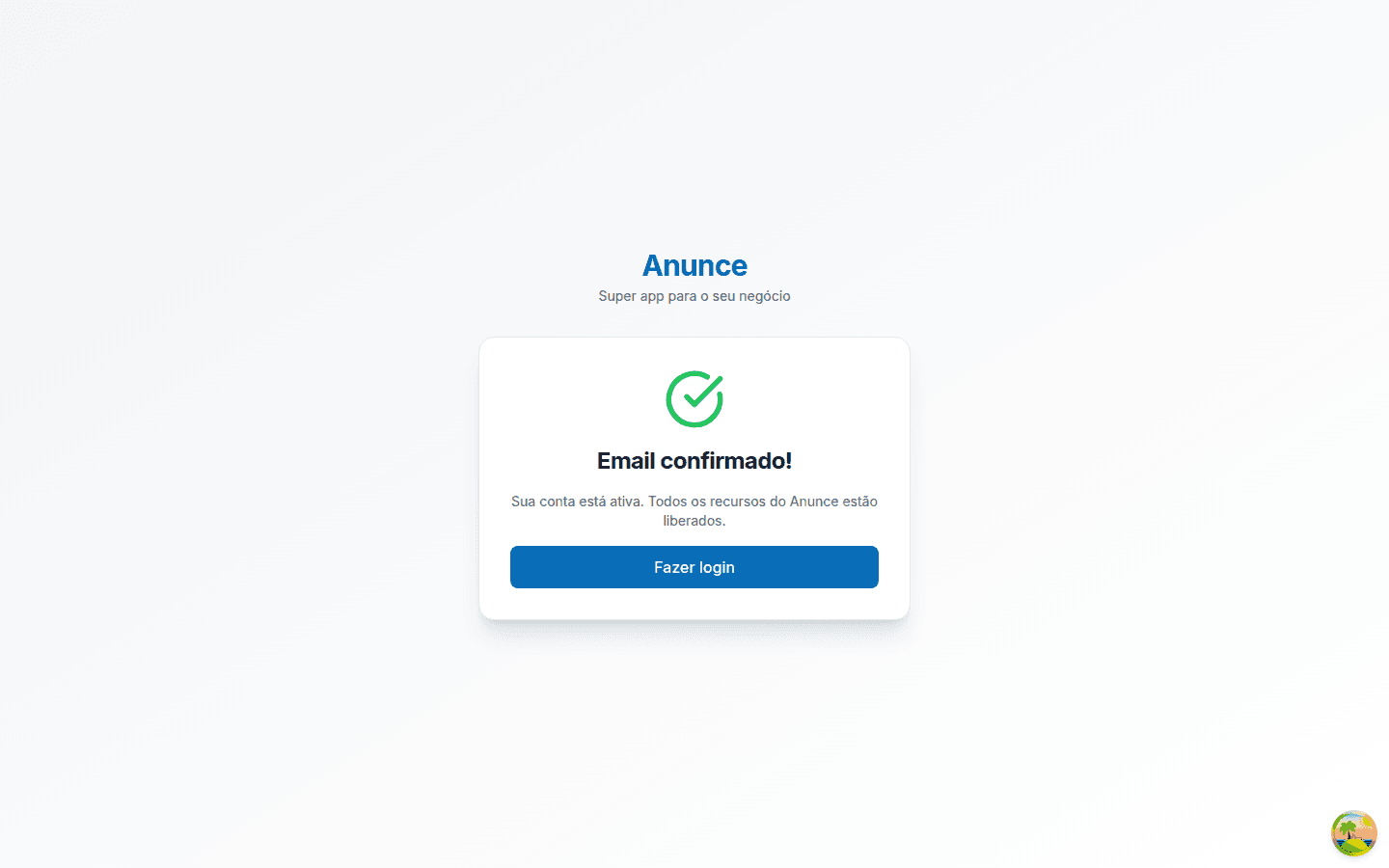 Tela Email confirmado com o botão Fazer login