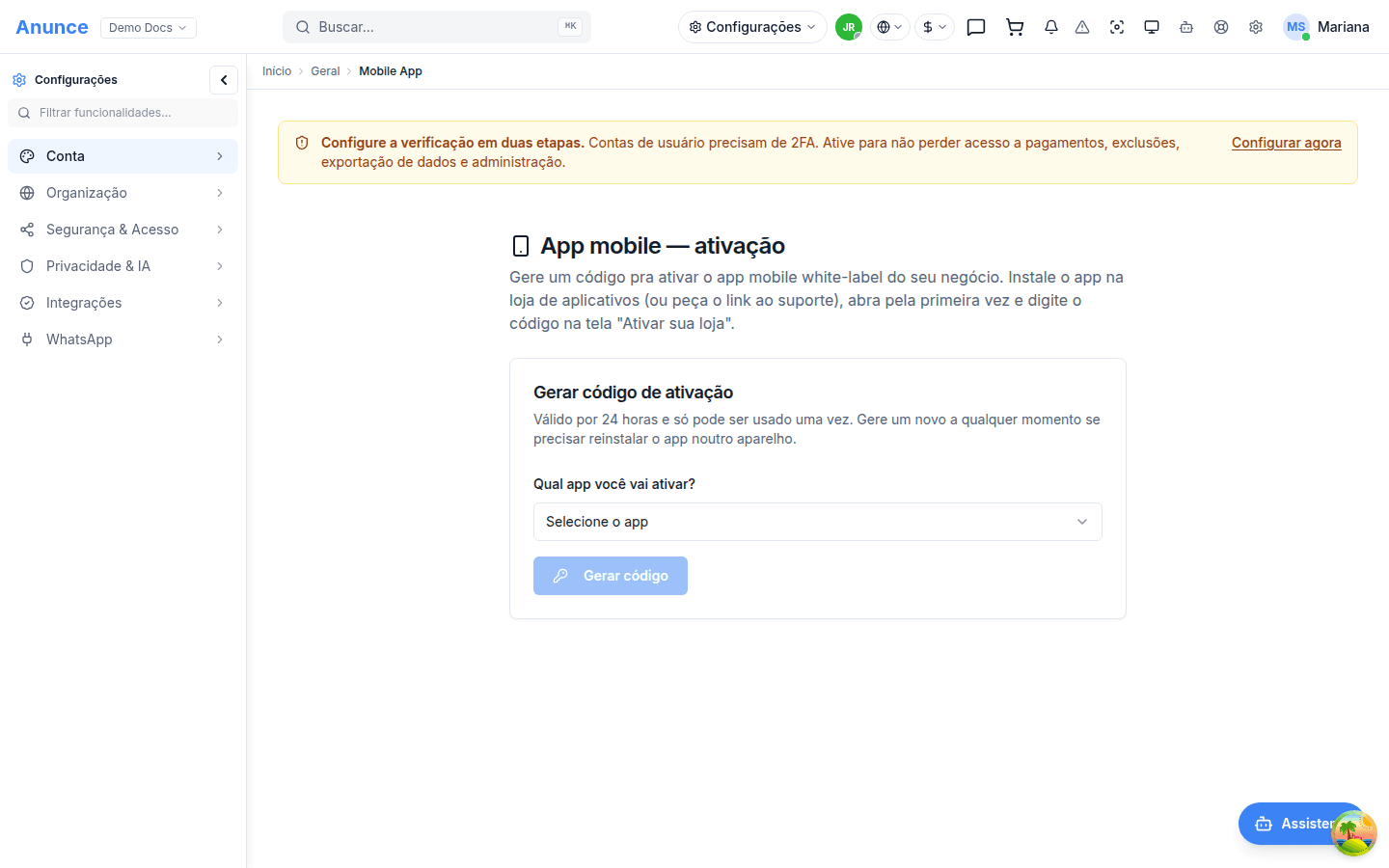 Tela de ativação do app mobile com a seleção do aplicativo