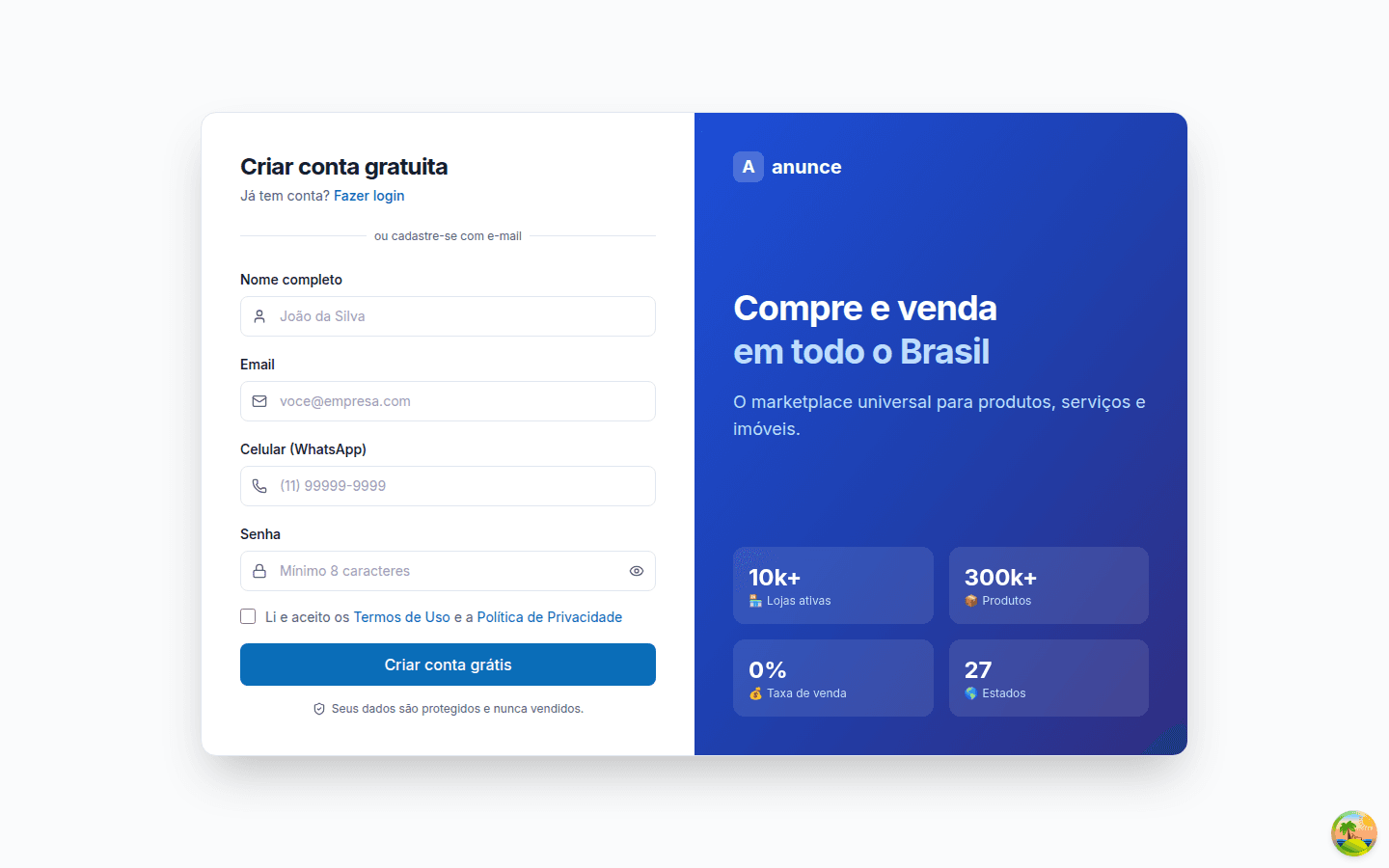 Tela de cadastro do Anunce com os campos em branco