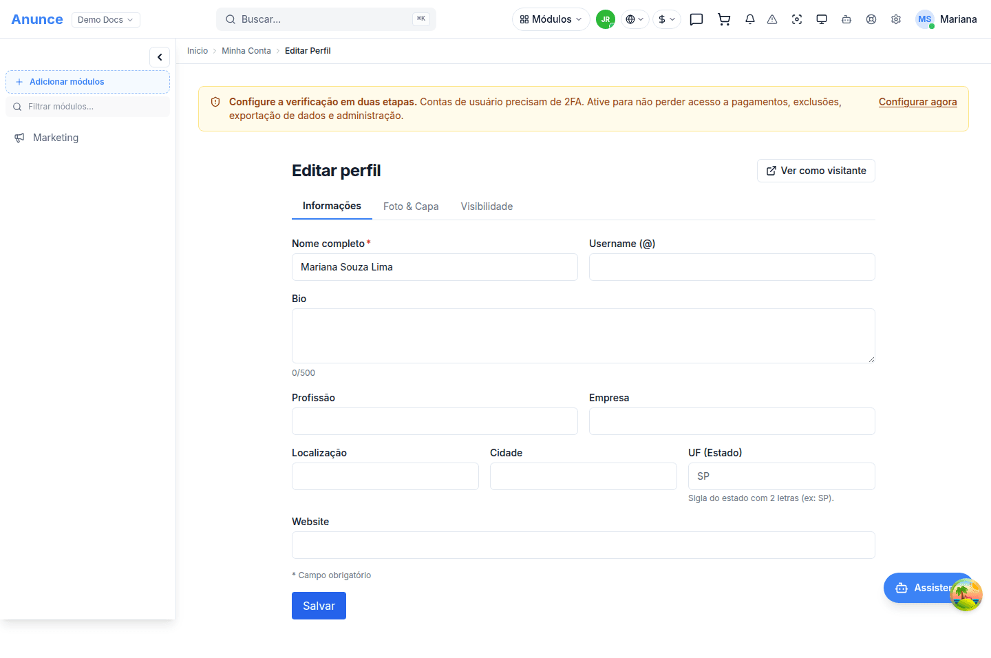 Tela de edição do perfil público, com nome, username, bio e visibilidade