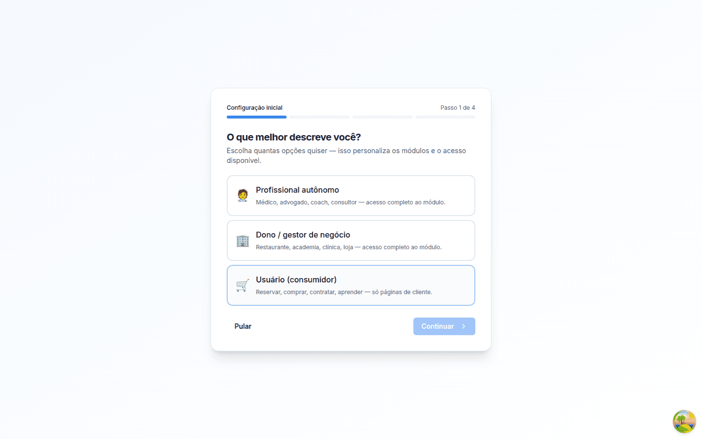 Primeira etapa do assistente de configuração de módulos