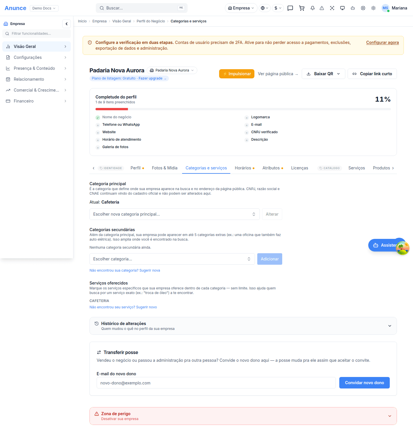 Aba Categorias e serviços vazia