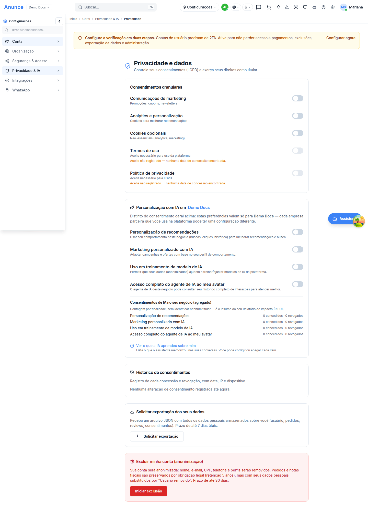 Tela de Privacidade e dados com consentimentos, personalização com IA, exportação e exclusão de conta