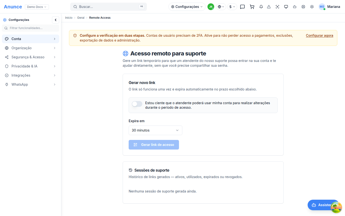 Tela de Acesso remoto para suporte com o consentimento e a seleção de duração