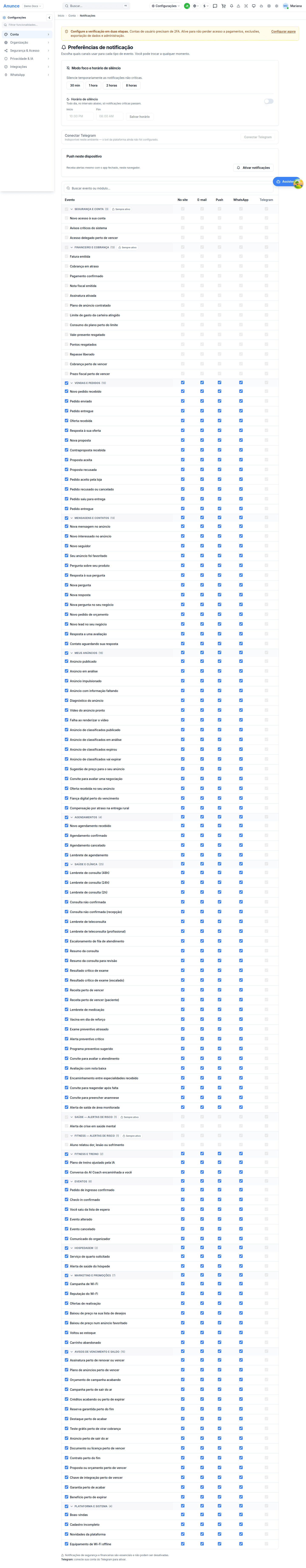 Tela de Preferências de notificação com a matriz de eventos por canal