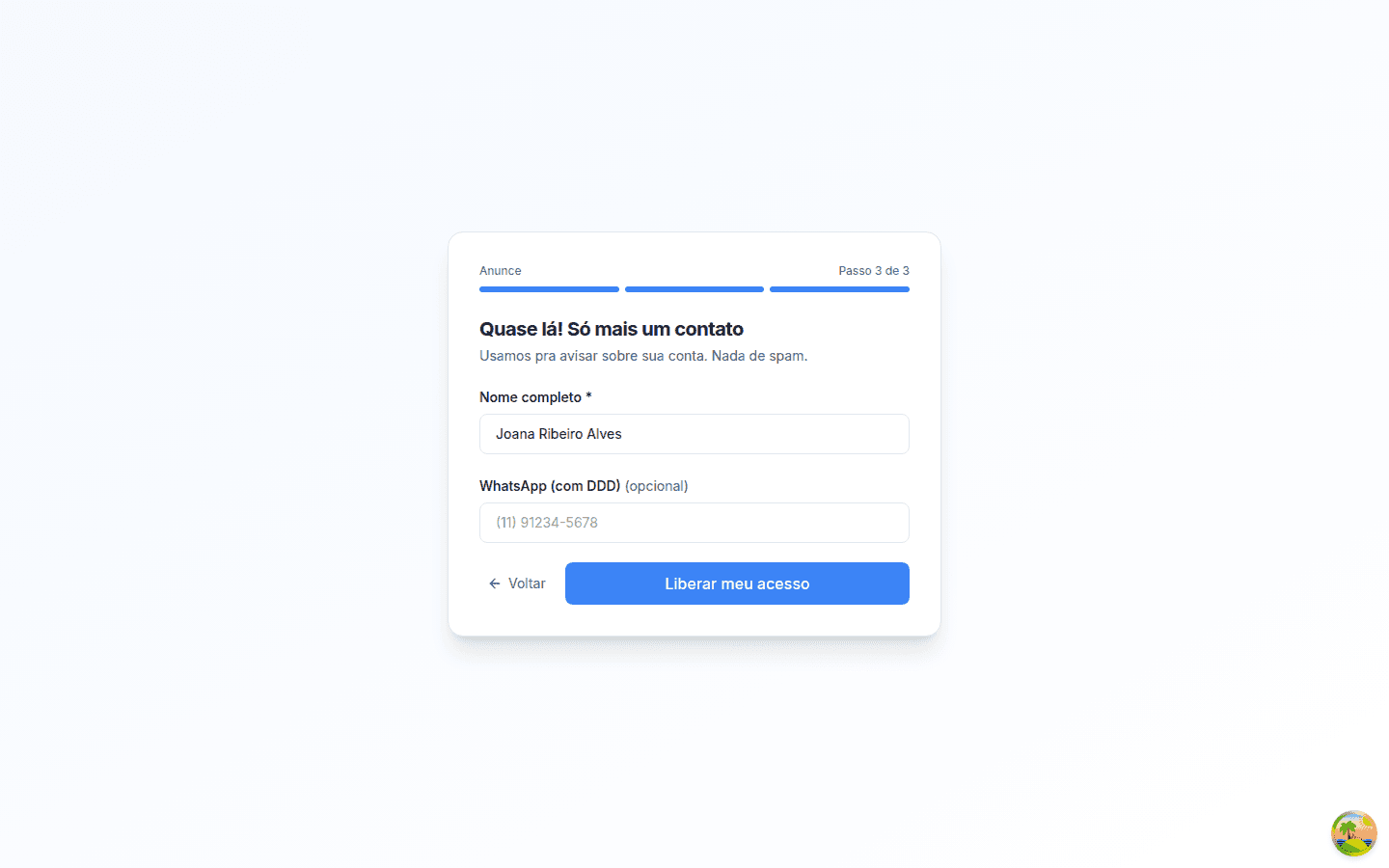 Passo 3 do onboarding, com o nome preenchido e o WhatsApp vazio