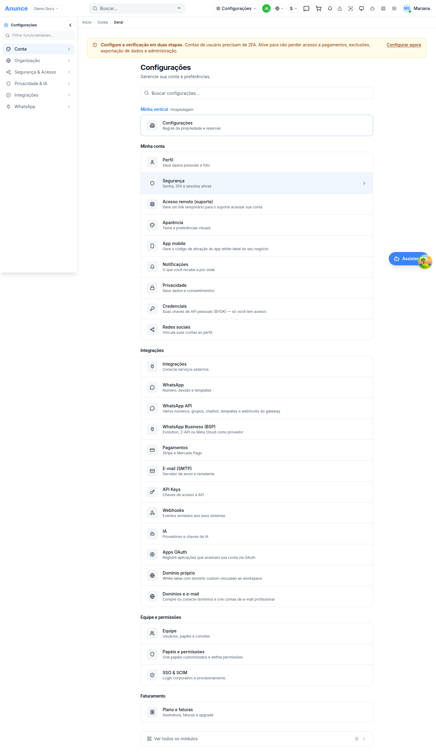 Hub de Configurações com as seções Minha conta, Integrações, Equipe e permissões e Faturamento