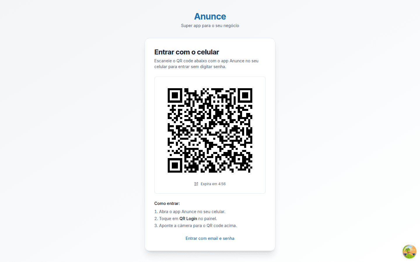 Tela Entrar com o celular exibindo o QR code e o tempo restante