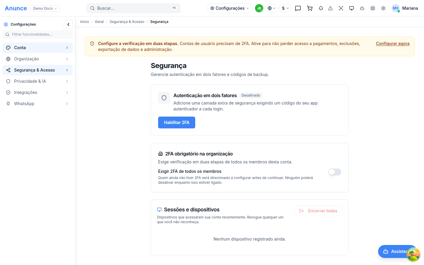 Tela de Segurança com os blocos de 2FA e de sessões e dispositivos