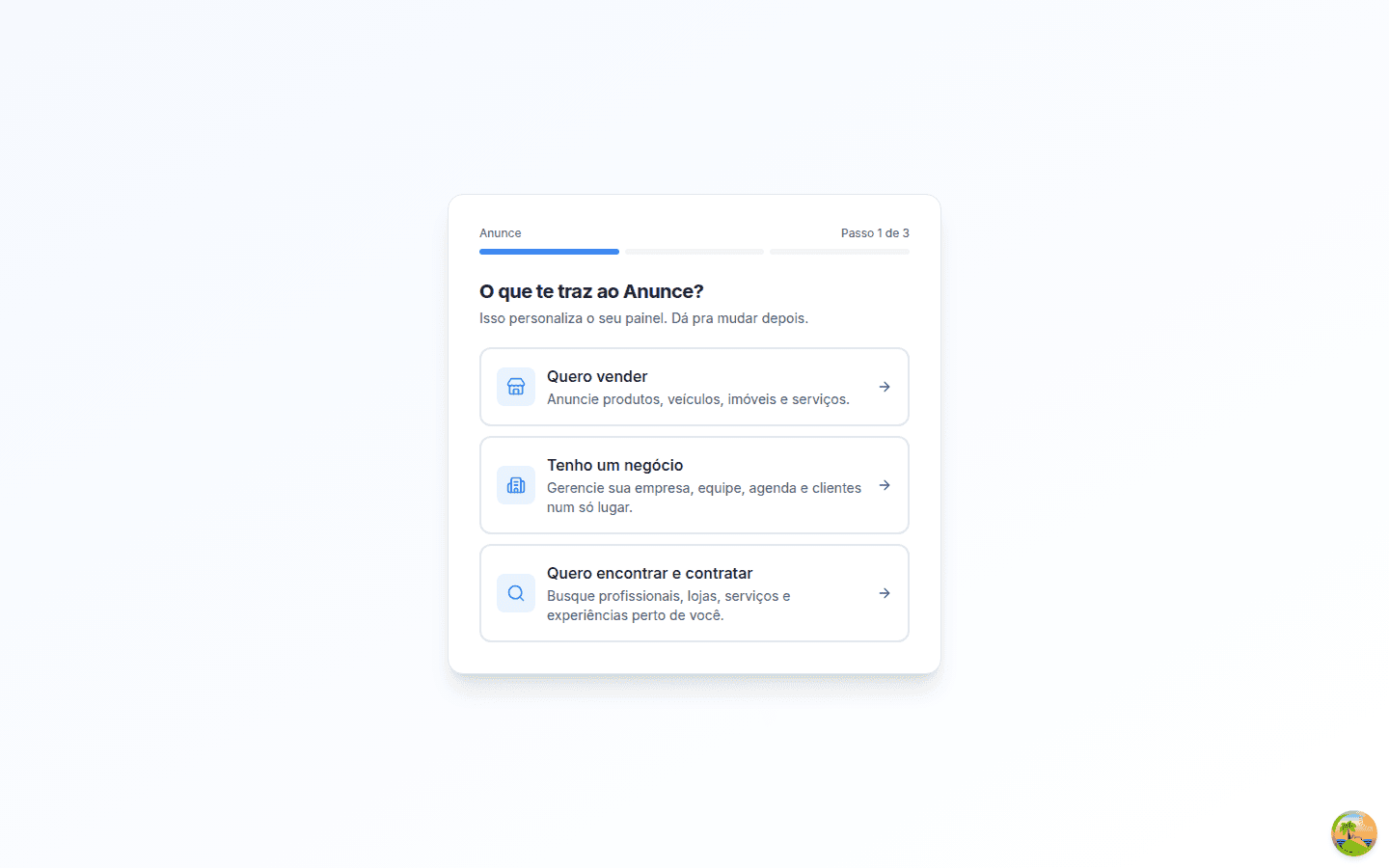 Primeiro passo do onboarding com os três cartões de intenção