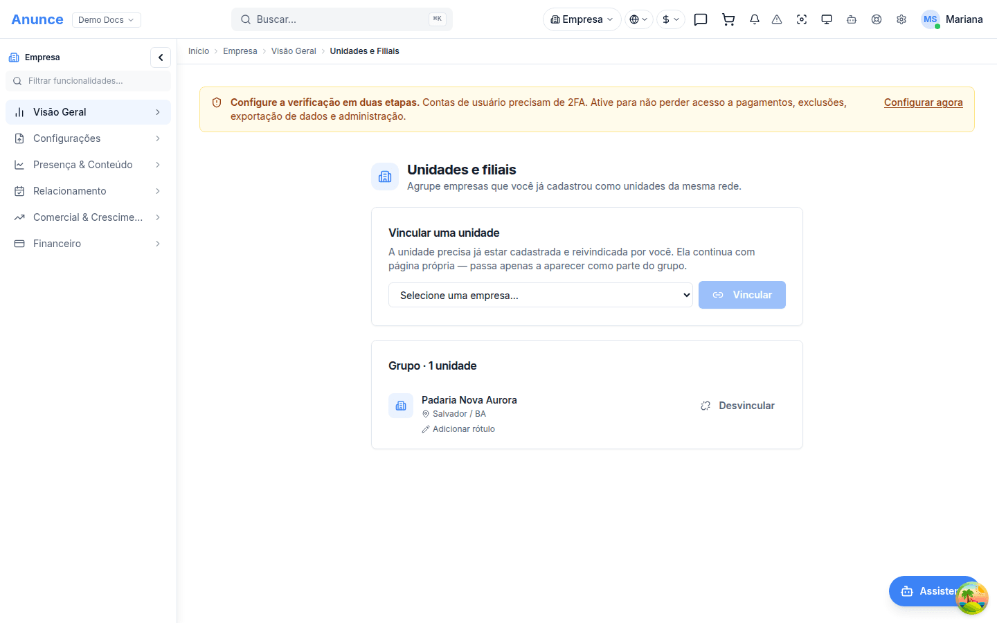 Tela de Unidades e Filiais sem nenhuma filial vinculada