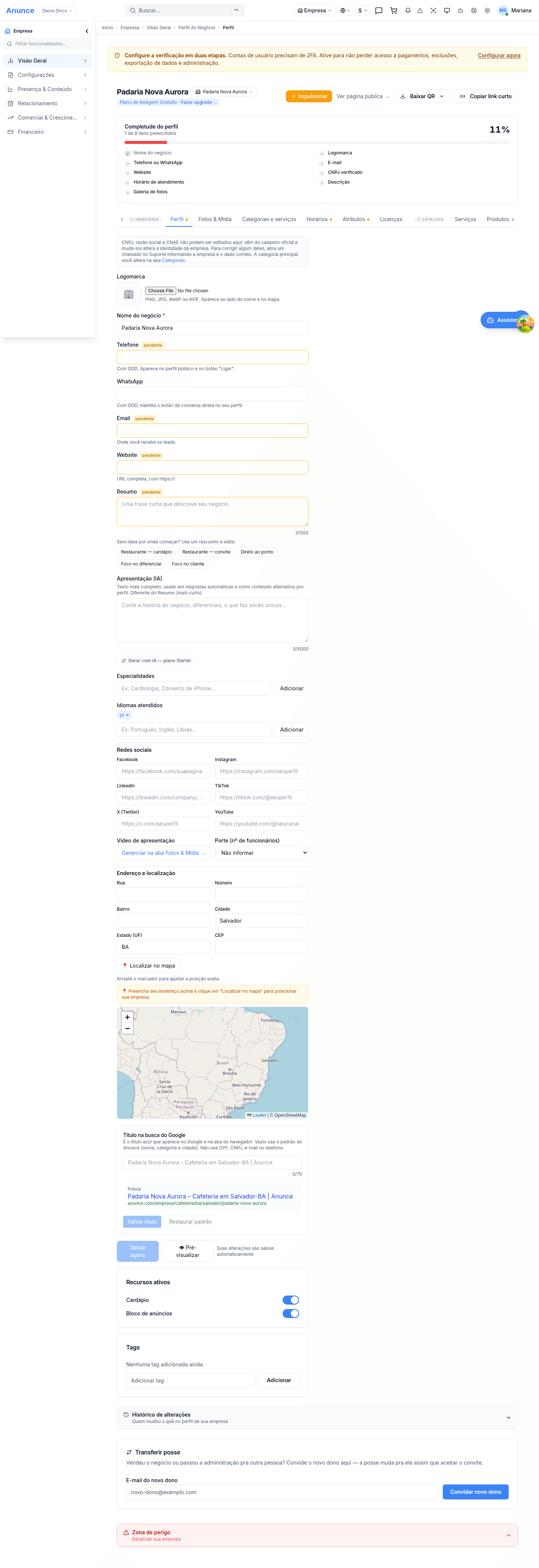 Aba Perfil vazia, empresa recém-criada
