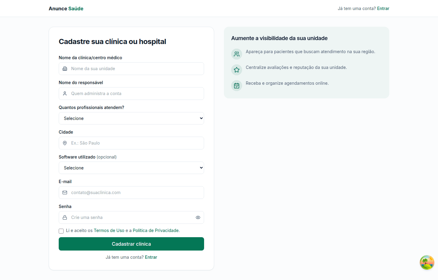 Formulário de cadastro de clínica em branco, com a lista de benefícios ao lado