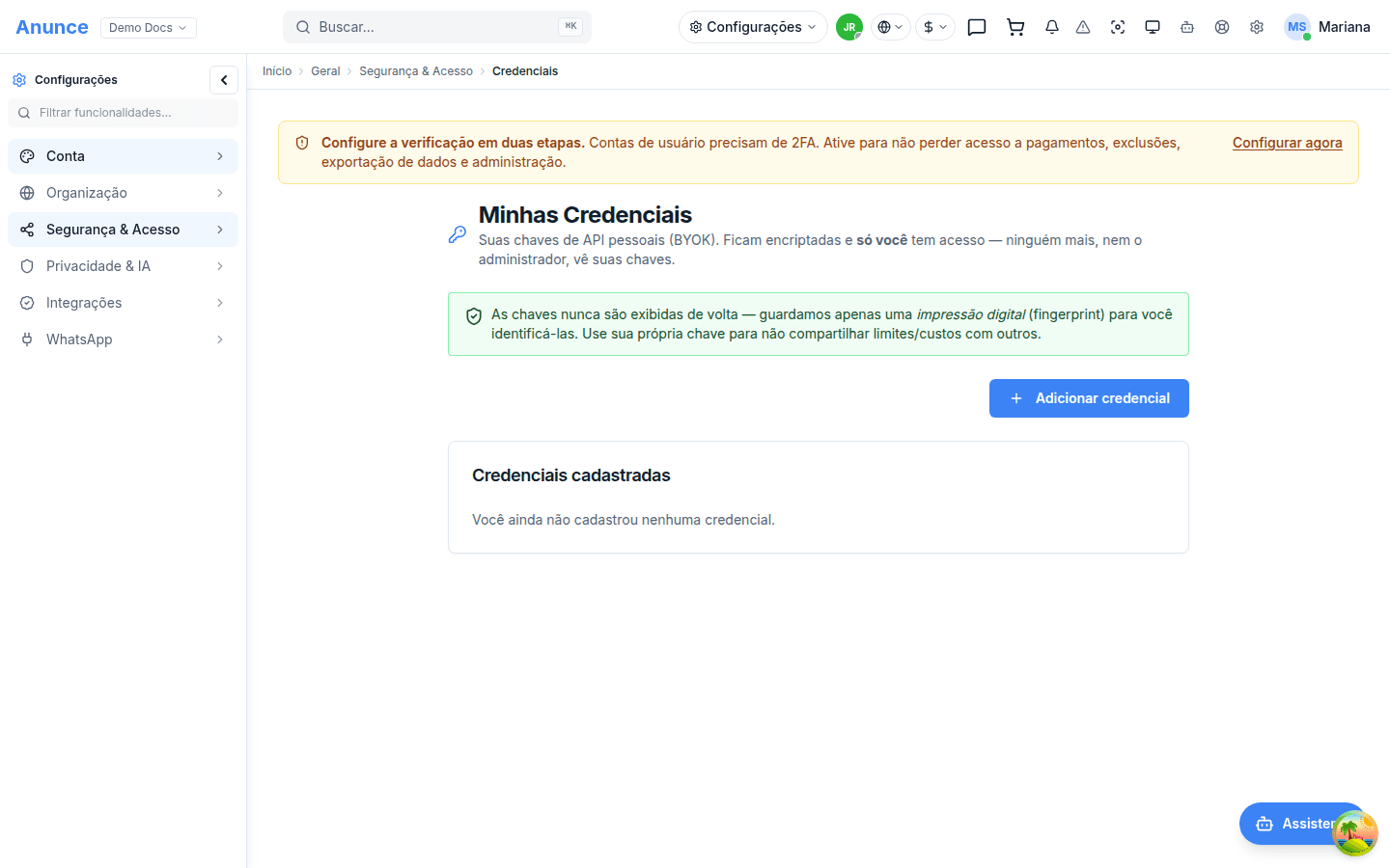 Tela de Minhas Credenciais com o aviso de segurança e a lista de credenciais cadastradas