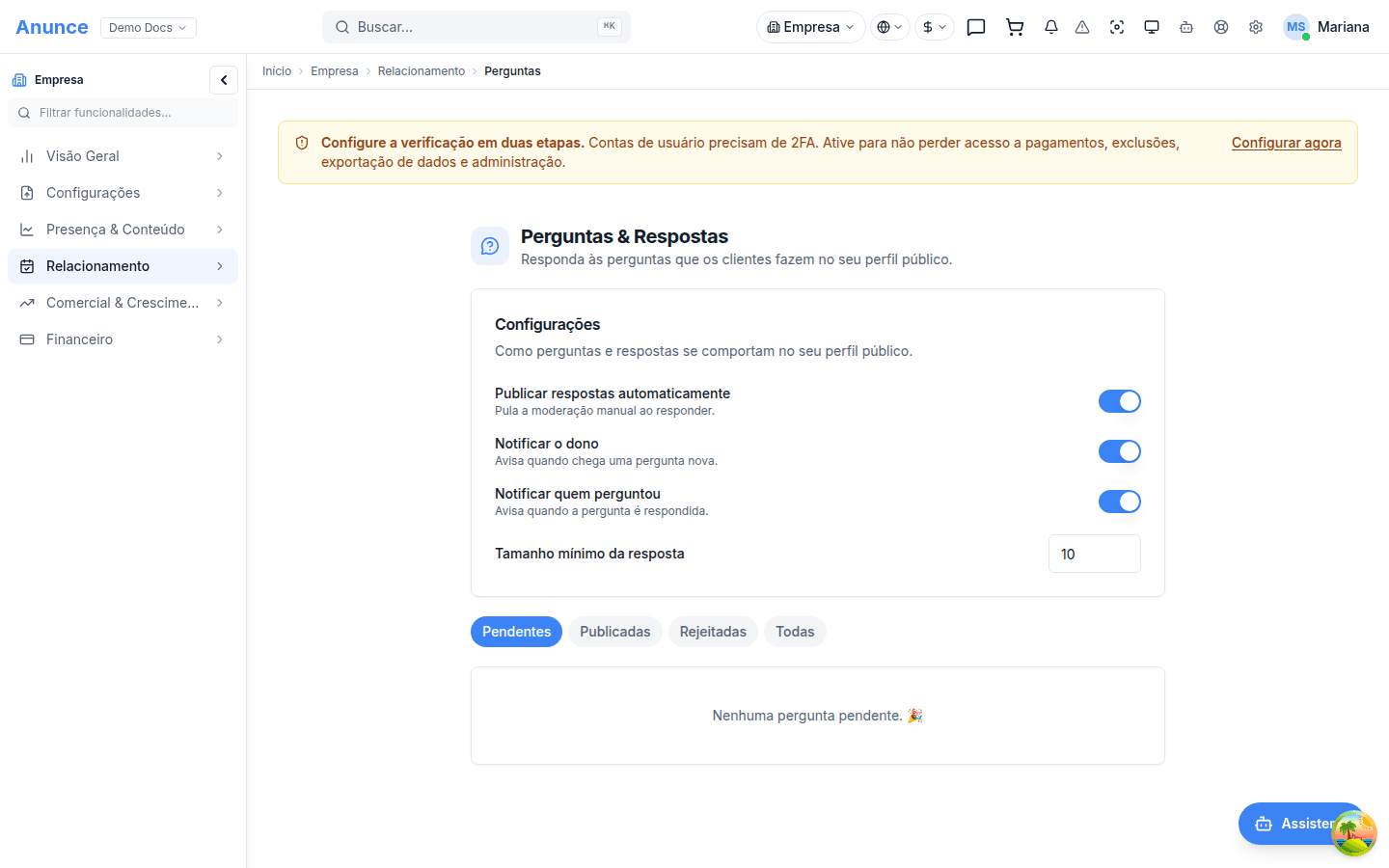 Página de Perguntas e Respostas com perguntas pendentes e publicadas