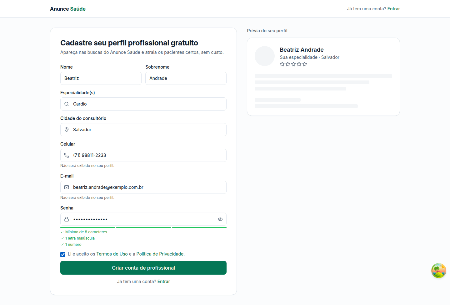Formulário de cadastro de profissional preenchido, com a prévia do perfil atualizada