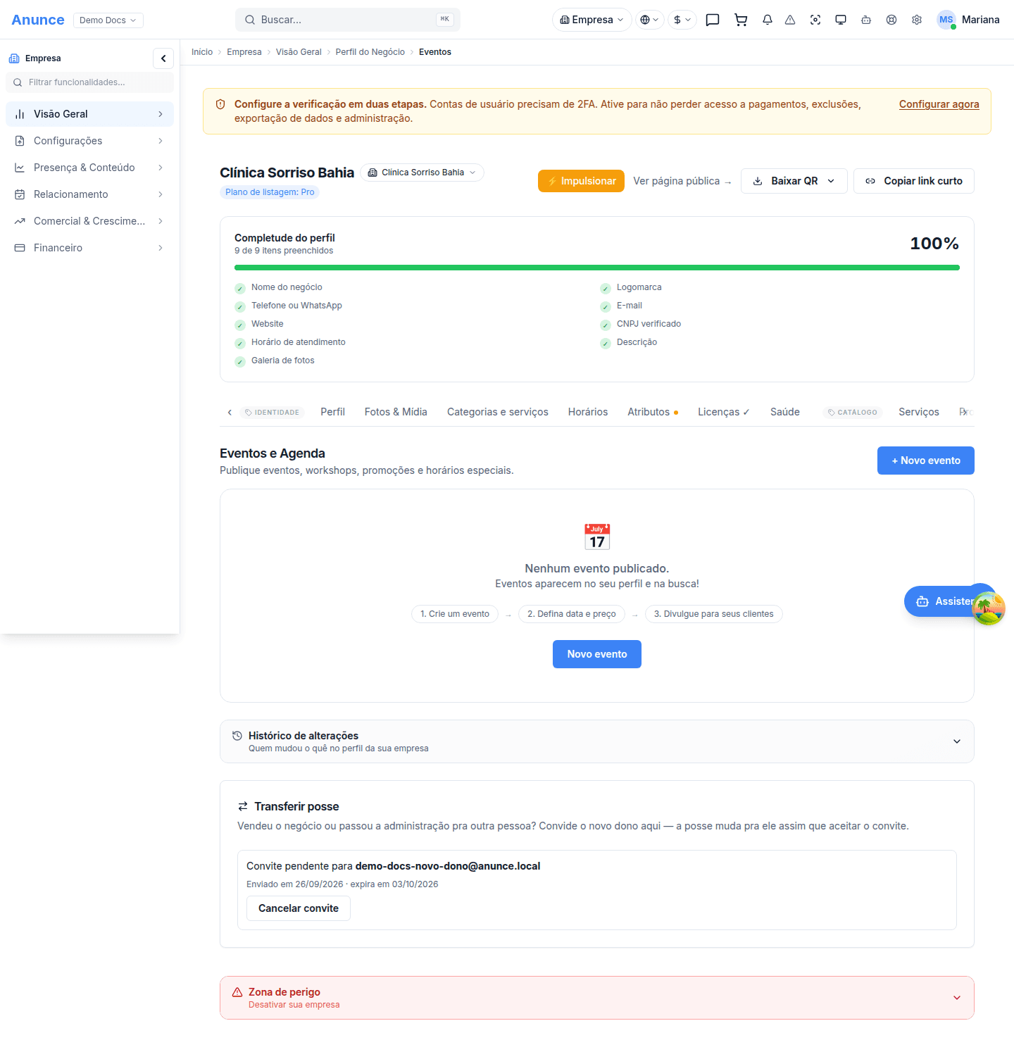 Aba Eventos com a lista de eventos cadastrados