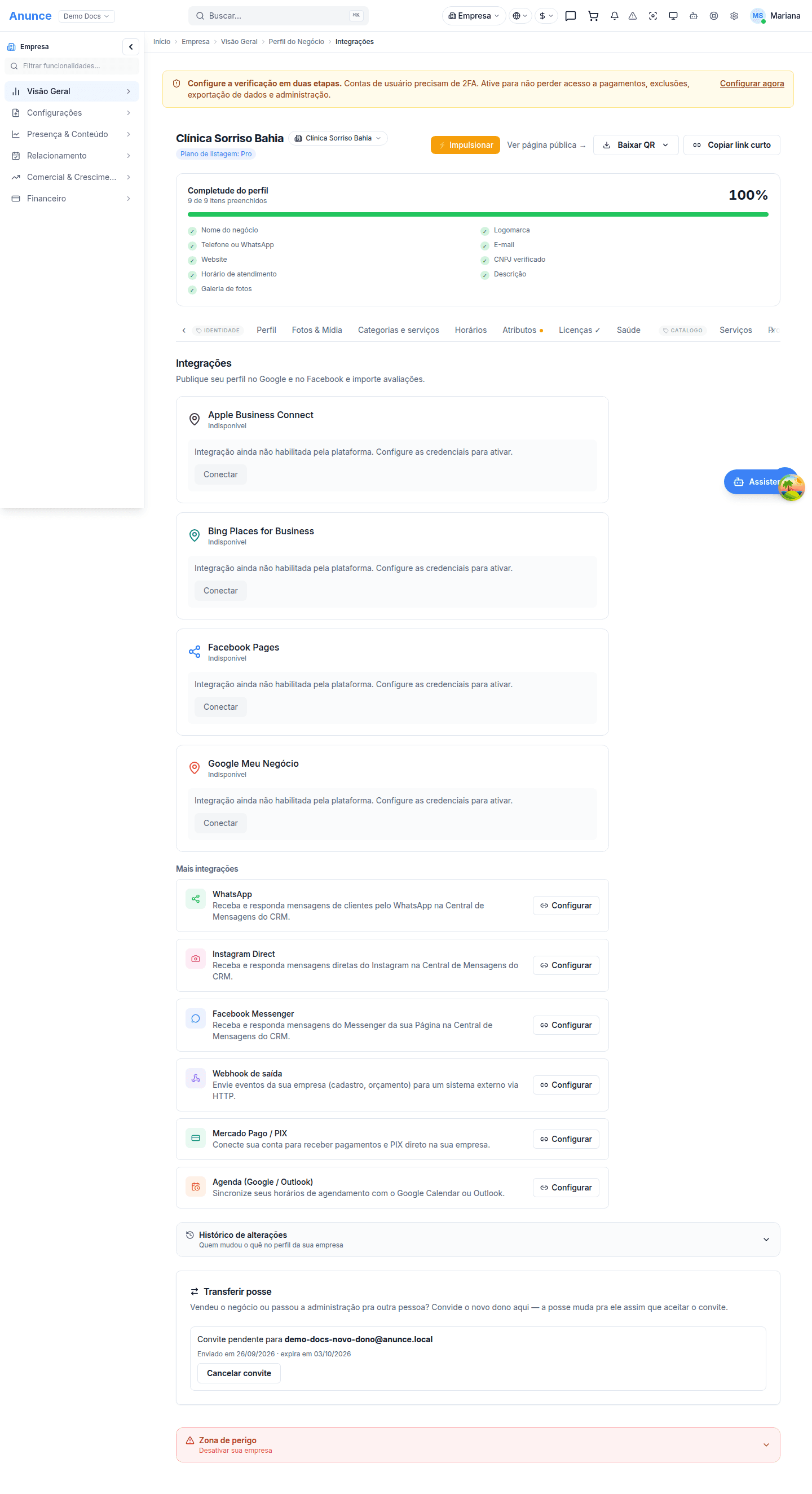 Aba Integrações com o Google Meu Negócio conectado