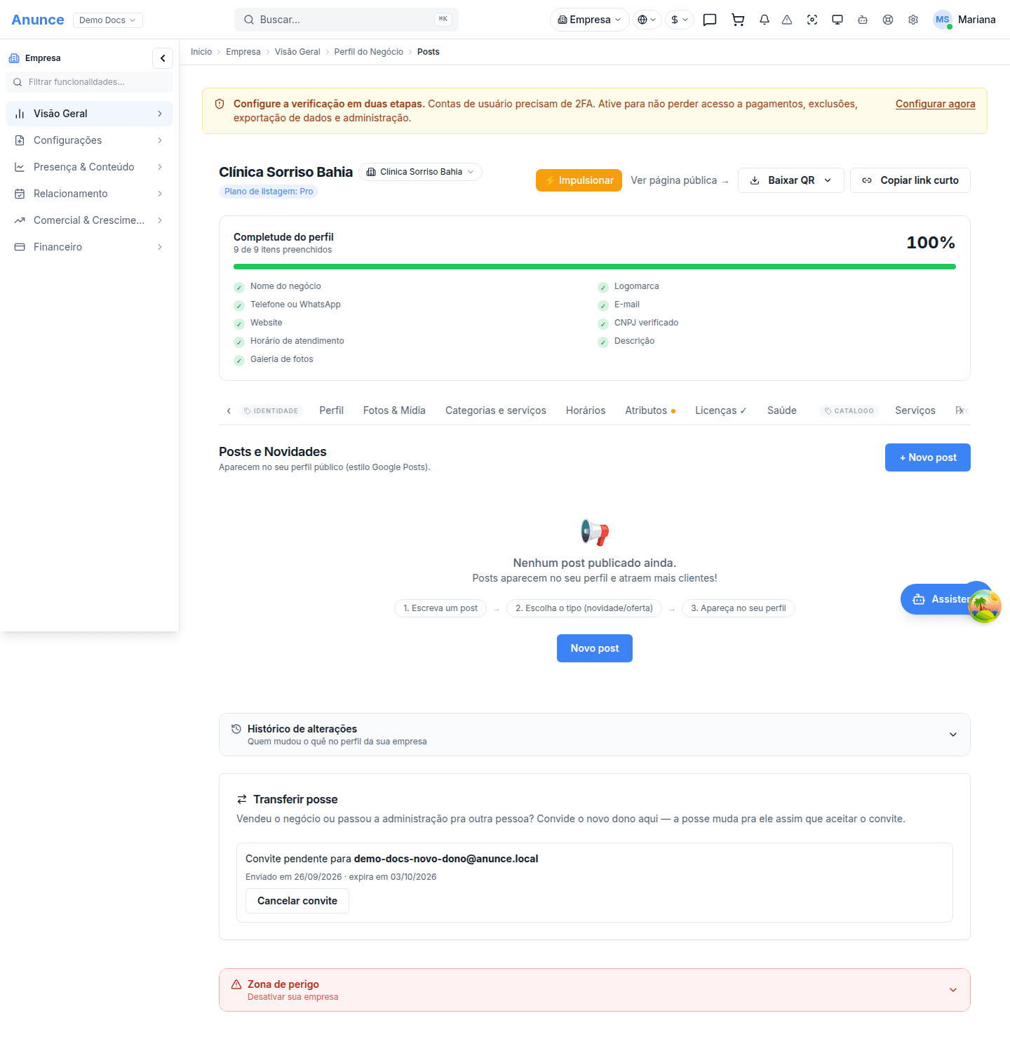 Aba Posts com a lista de publicações
