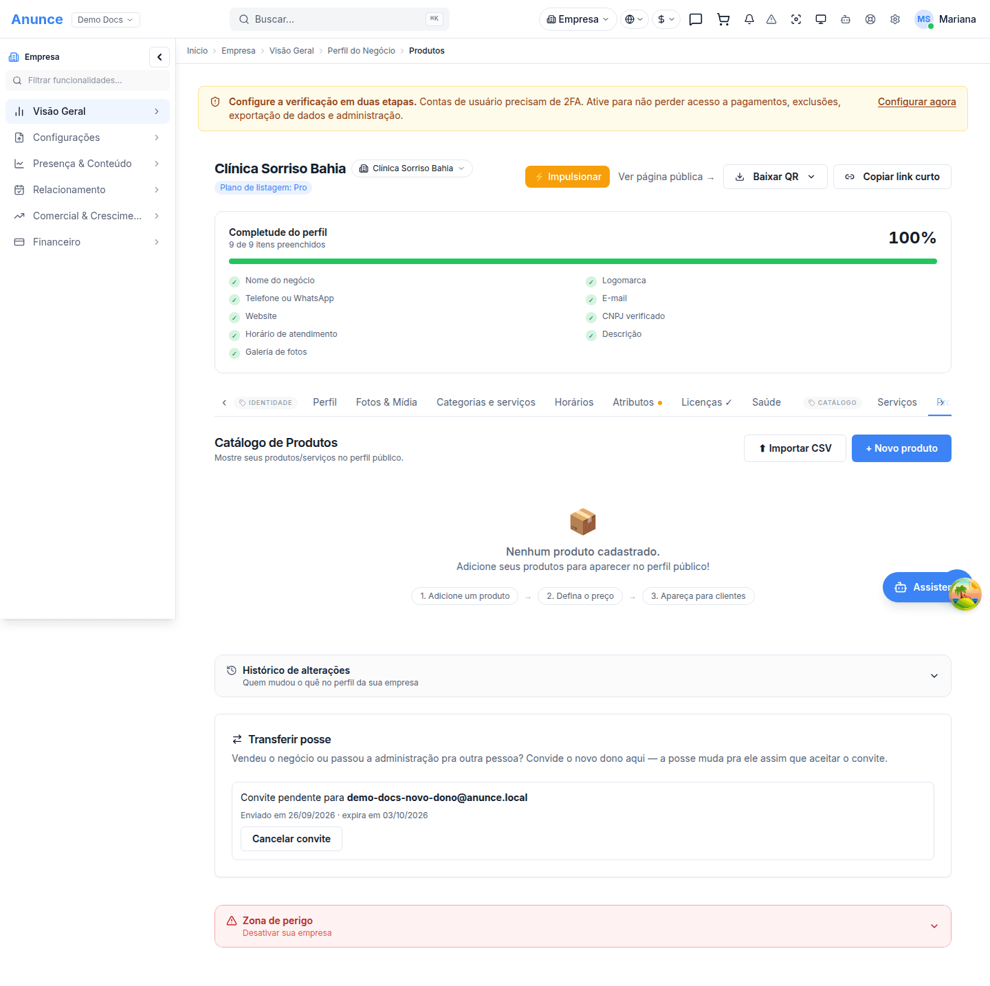 Aba Produtos com a lista de itens cadastrados