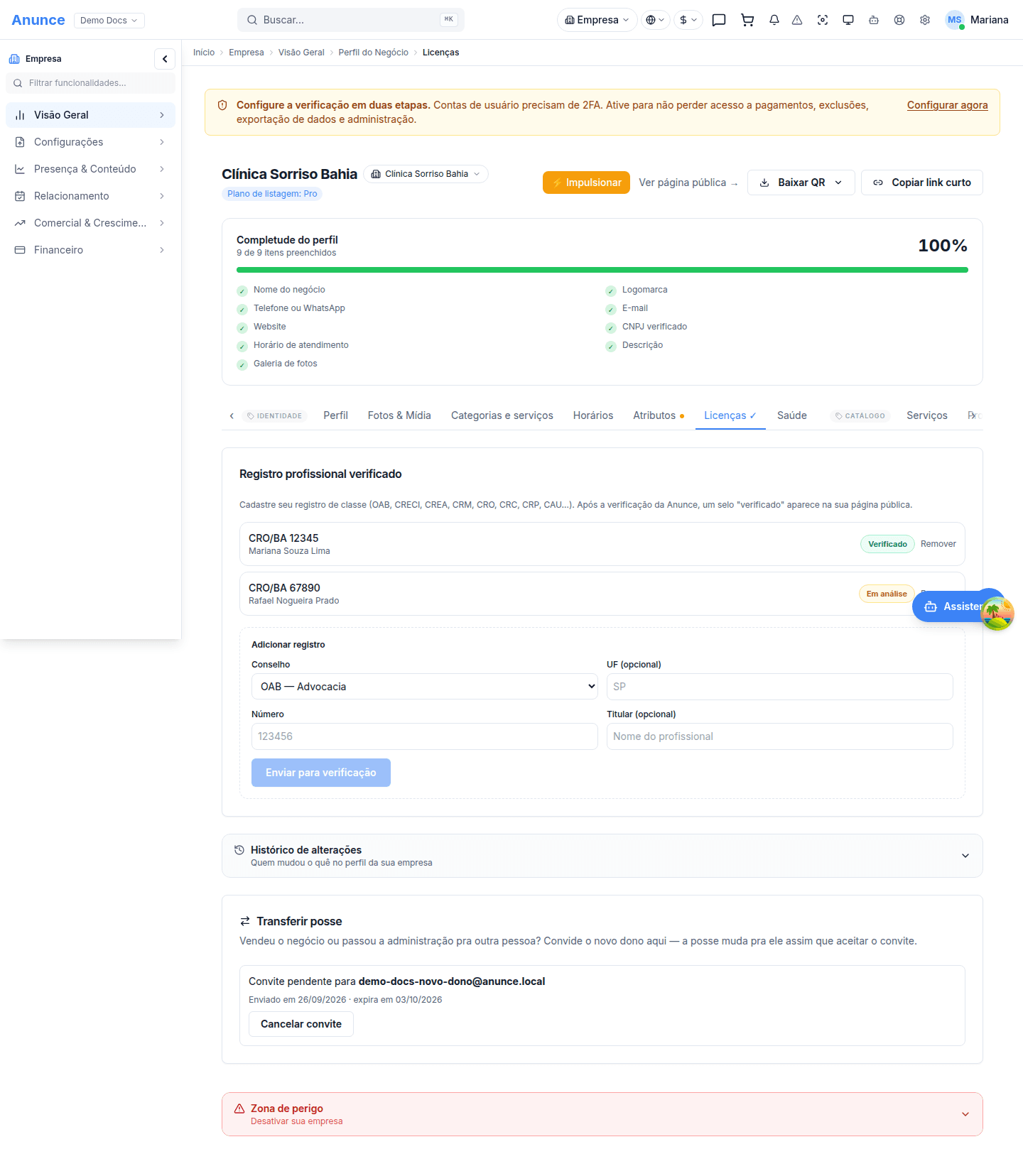 Aba Licenças com um registro verificado