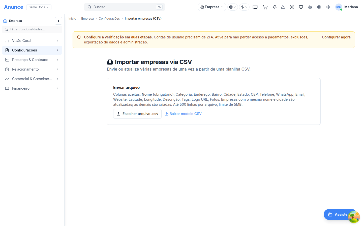 Tela de importação de empresas por CSV com um lote já importado