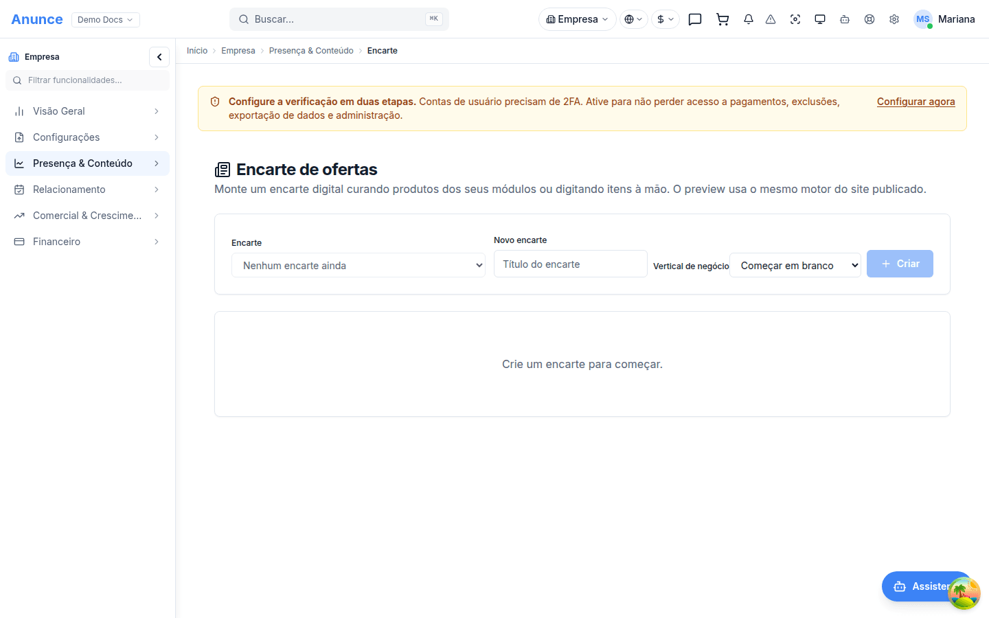 Editor de encarte com itens, tema e banners