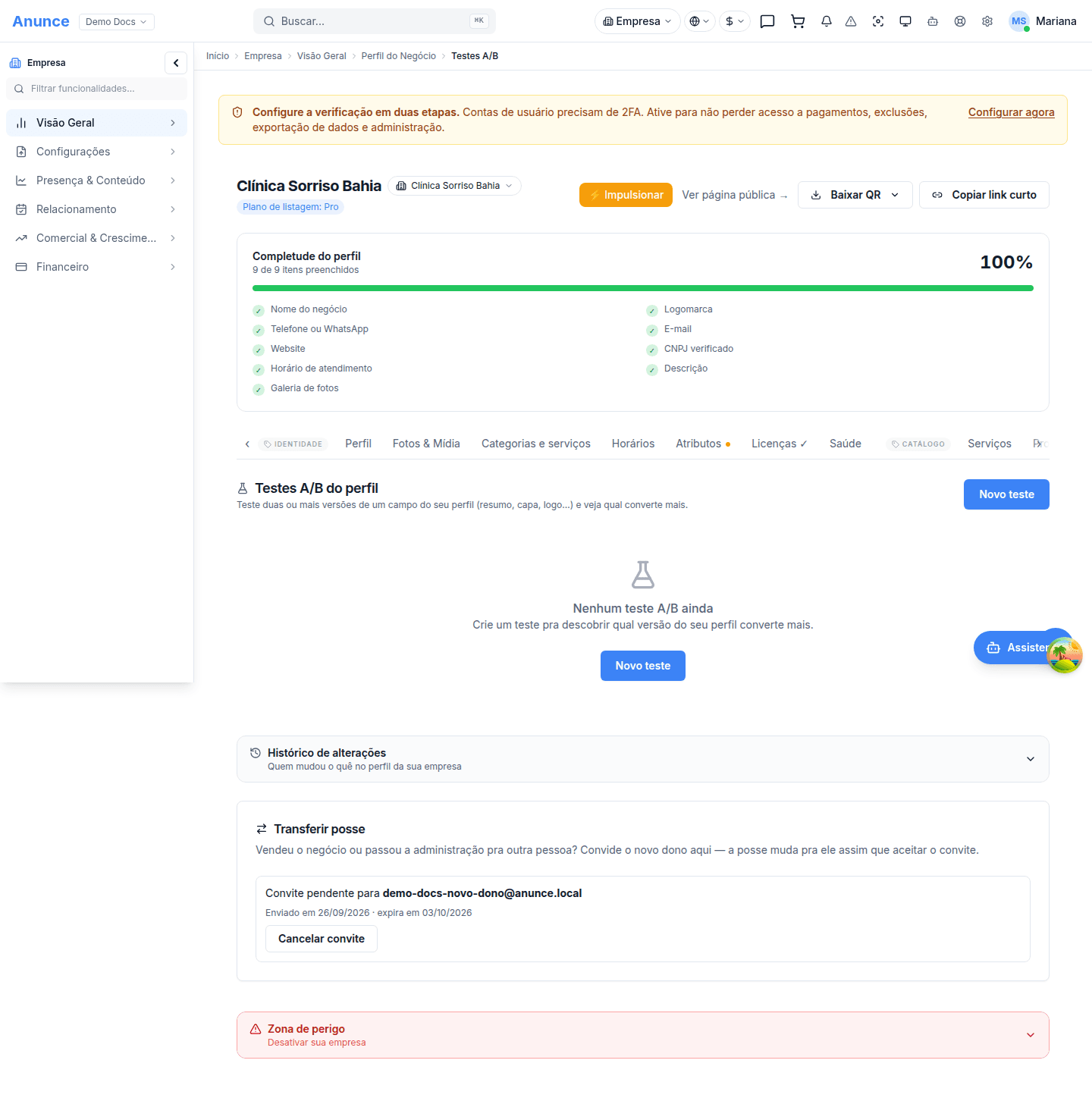 Aba Testes A/B com um experimento em andamento