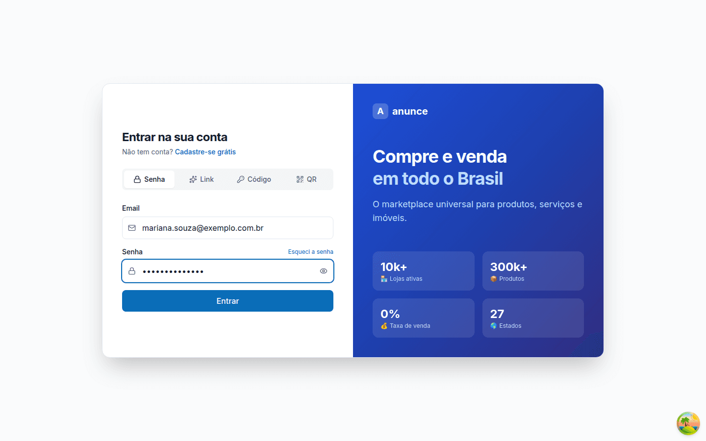 Tela de login com e-mail e senha preenchidos