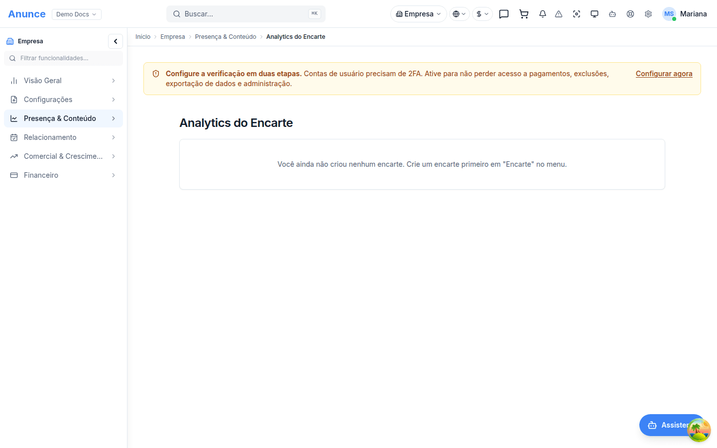 Painel de analytics do encarte com visualizações, cliques e funil