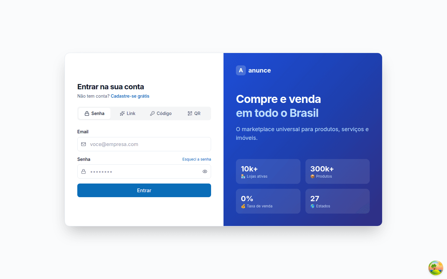 Tela de login sem botões sociais visíveis