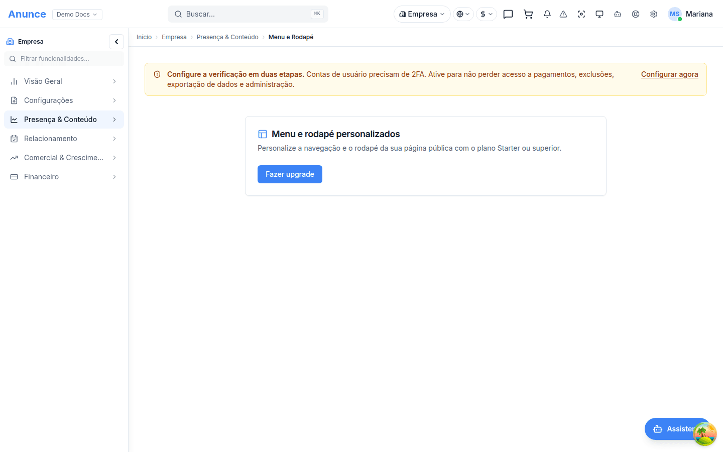 Tela sem nenhum item de menu ou rodapé configurado