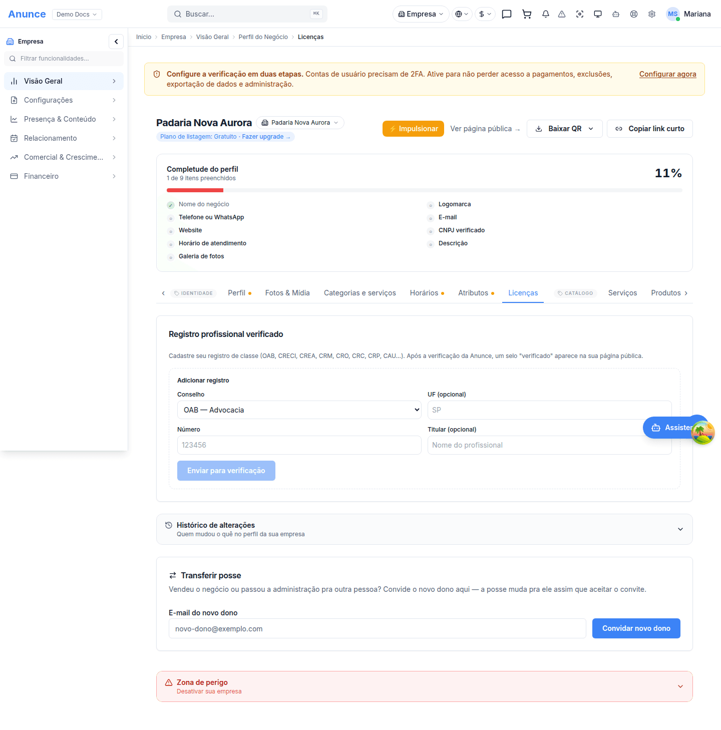 Aba Licenças vazia