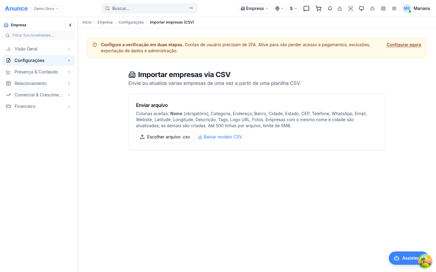 Tela de importação de empresas por CSV vazia