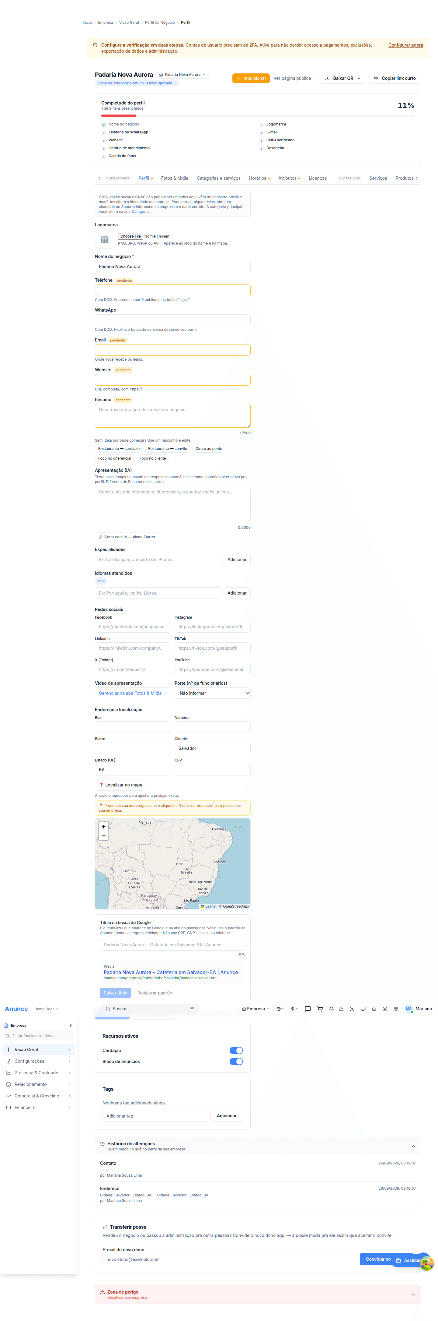 Histórico de alterações vazio, sem nenhum registro para mostrar