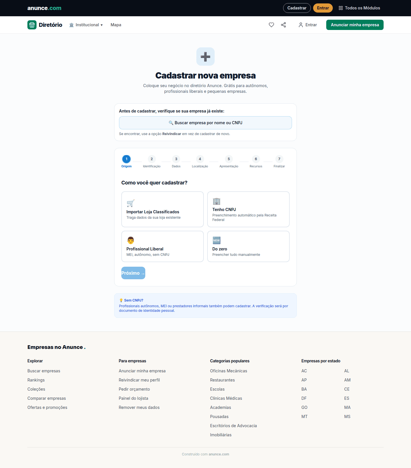 Primeiro passo do assistente público de cadastro de empresa