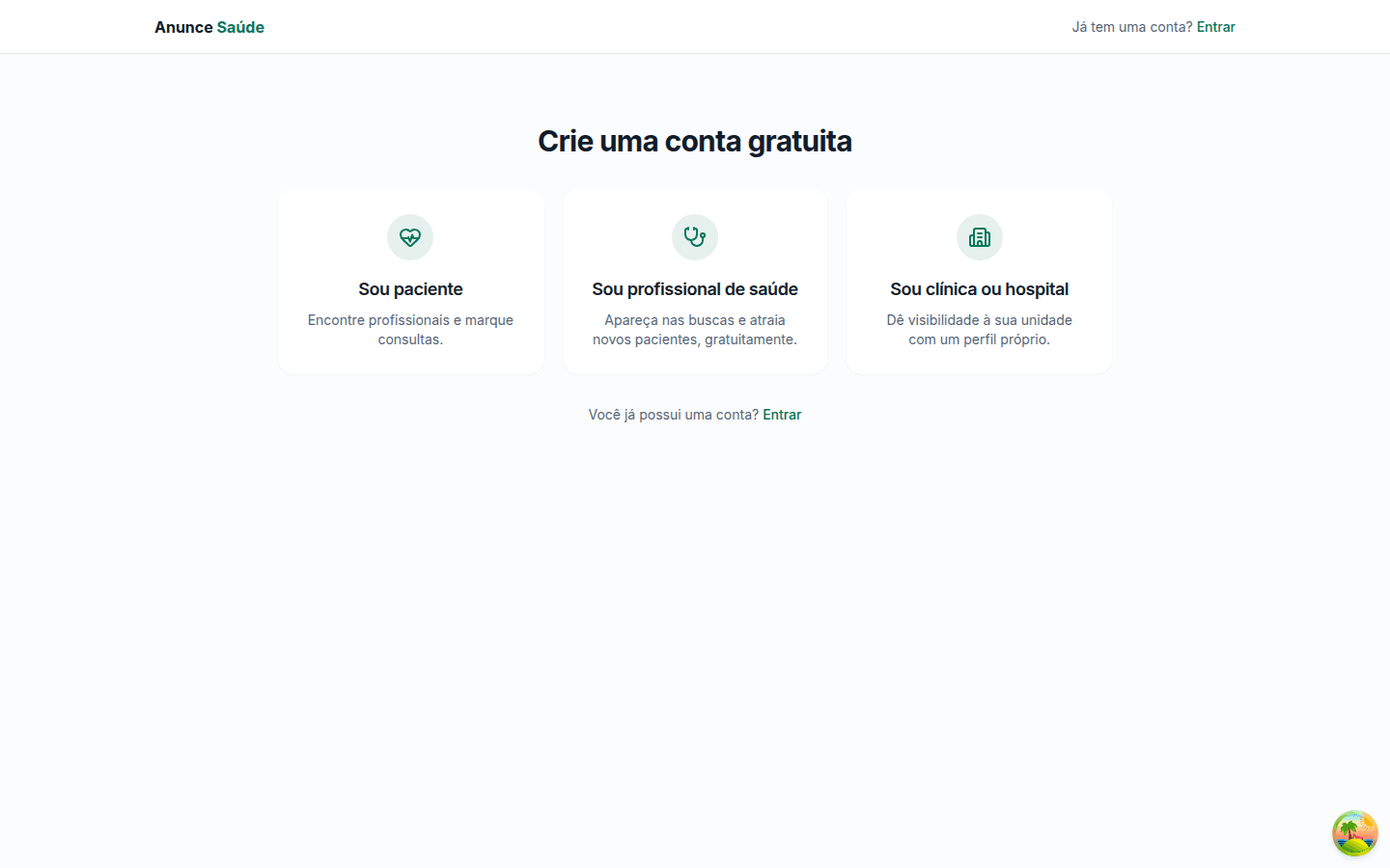 Tela Crie uma conta gratuita com os três cartões de tipo de conta